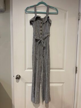 American Eagle Outfitters Striped Off-Shoulder Jumpsuit in Gray and White